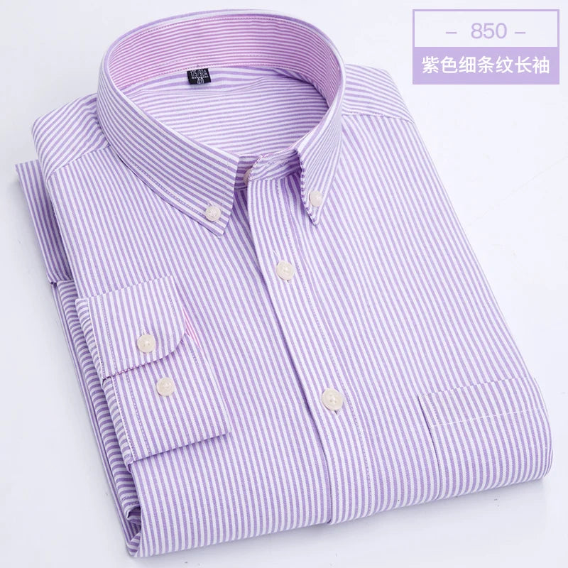 Showlu men's slim fit oxford shirt with long sleeves, non-iron casual dress shirt, in light blue with button-down collar.