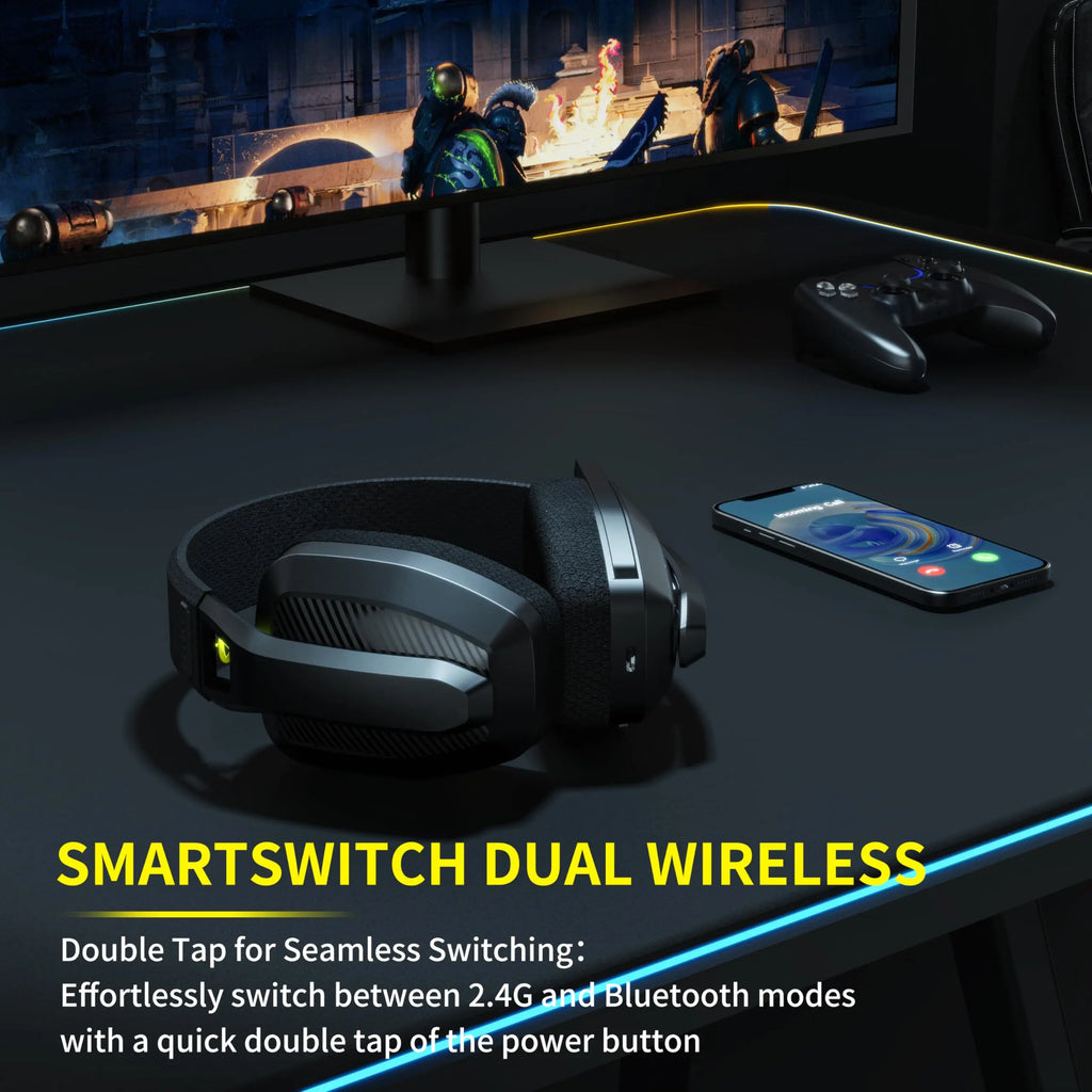 BINNUNE BW06 wireless gaming headset with microphone, compatible with PS5, PS4, PC, and Mac, featuring 2.4GHz Bluetooth connectivity.