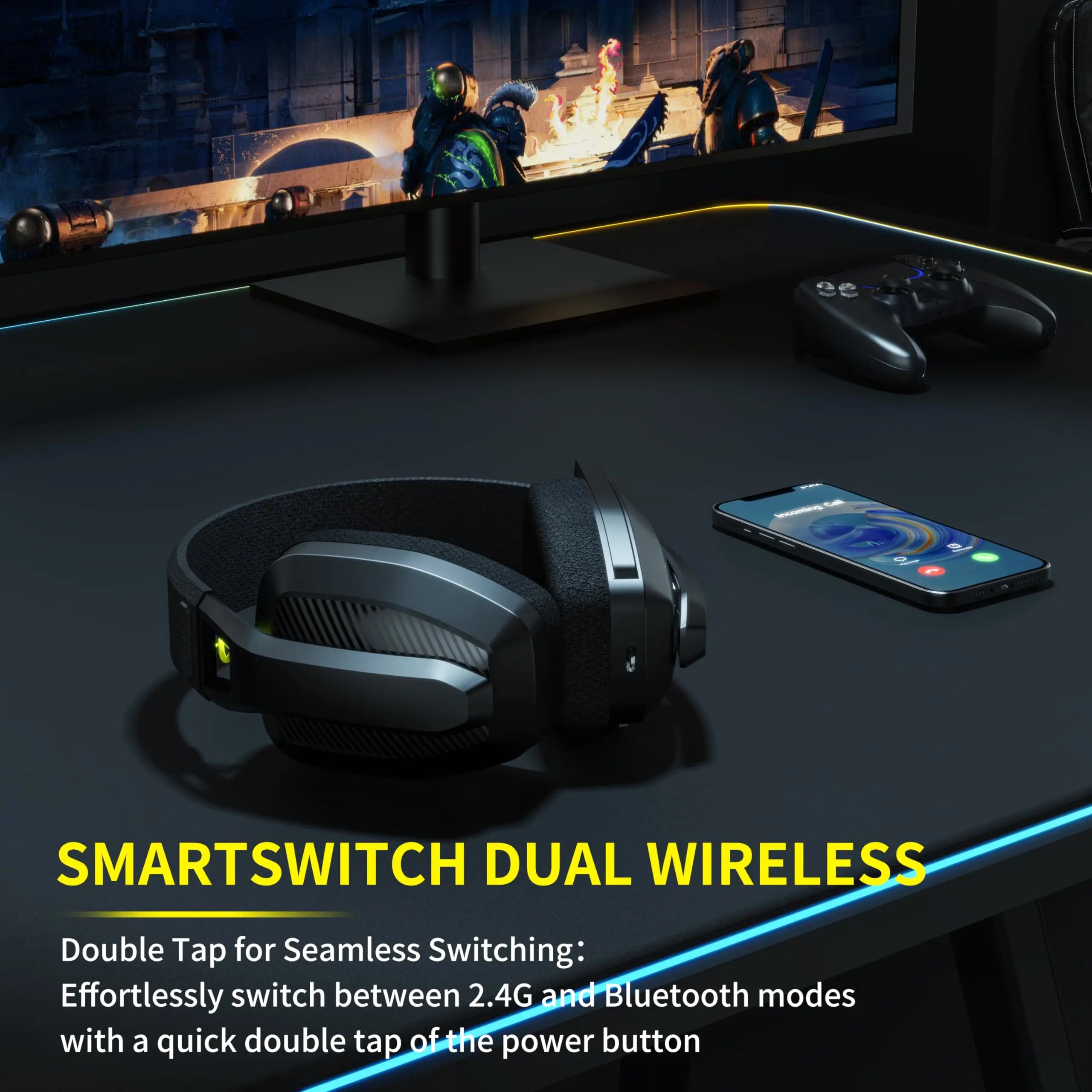 BINNUNE BW06 wireless gaming headset with microphone, compatible with PS5, PS4, PC, and Mac, featuring 2.4GHz Bluetooth connectivity.