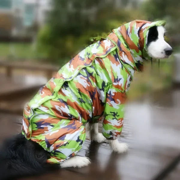 Large dog wearing Showlu Waterproof Raincoat Hoodie with PU leather poncho, designed for rain protection and style.