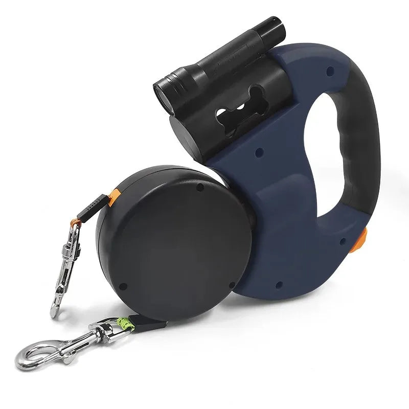 Showlu 3m retractable double dog leash with reflective surface and no-tangle design, suitable for walking two dogs comfortably.