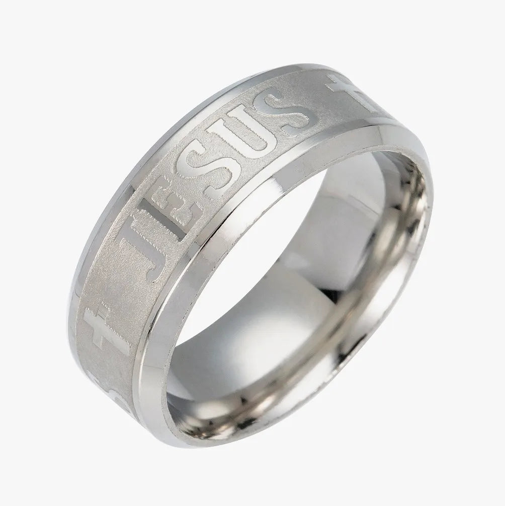 Stainless steel 8mm Jesus cross ring with Christian religious design, featuring intricate cross details and polished finish.