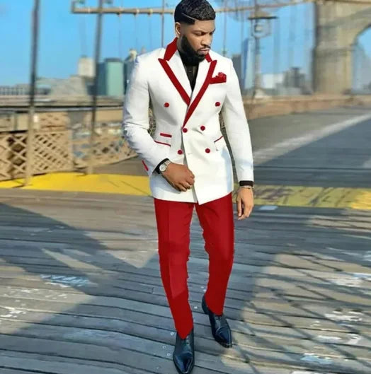 Elegant white double-breasted men's suit with slim fit, top lapel, and two-piece tuxedo design, perfect for formal occasions.