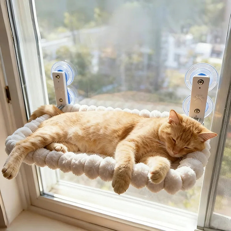 Showlu Cat Window Hammock with plastic perch and strong suction cups, designed for comfortable feline lounging by the window.