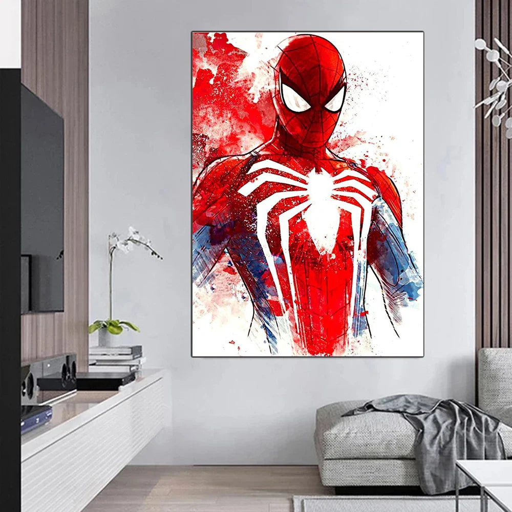 Colorful watercolor Spider-Man canvas wall art poster by MINISO, unframed, featuring Marvel superhero character on a vibrant background.