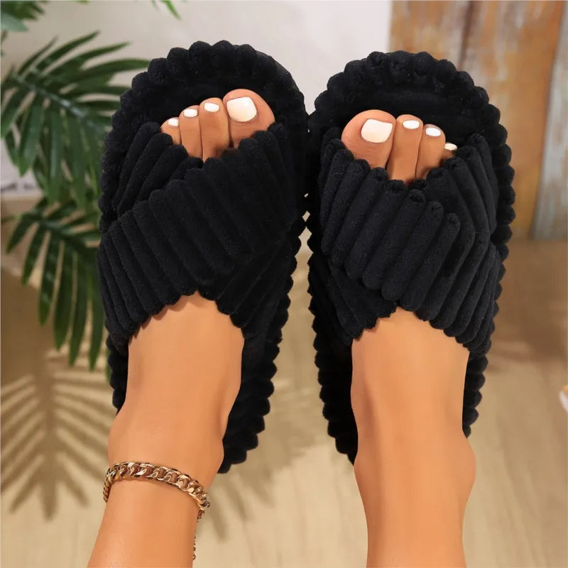 KUIDFAR women's corduroy memory foam slippers with soft crossband design, ideal for comfortable house wear