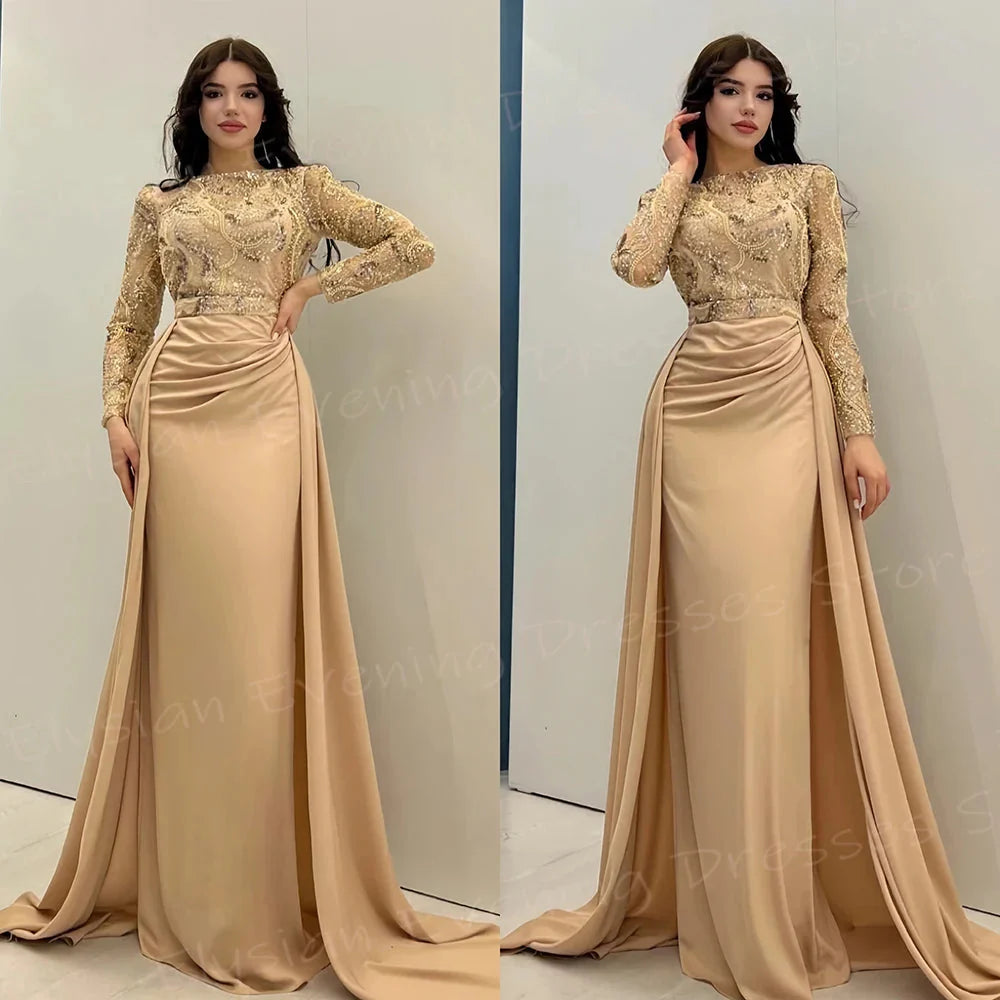 Beaded mermaid evening dress for women with long sleeves by Showlu Fashion, featuring intricate beadwork and a fitted silhouette.