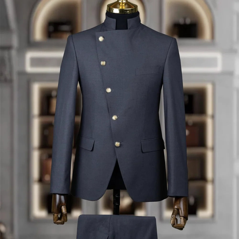 Slim fit men's wedding tuxedo suit with stand collar, cotton fabric, 2-piece design, by SHOWLU FASHION STORE.