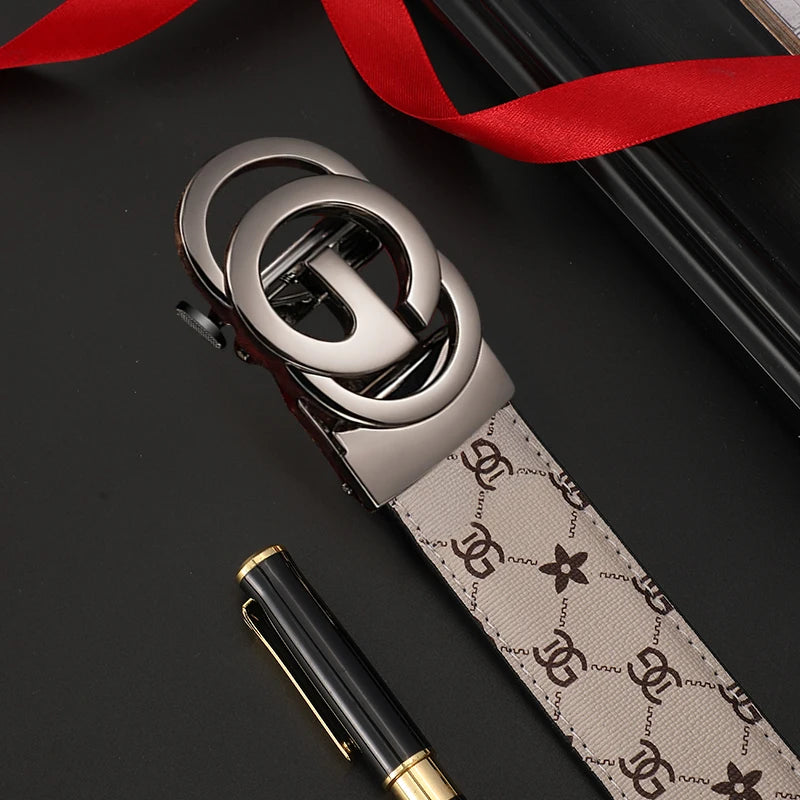 Men's genuine leather belt with metal alloy automatic buckle, luxury design, stylish waist strap for men.