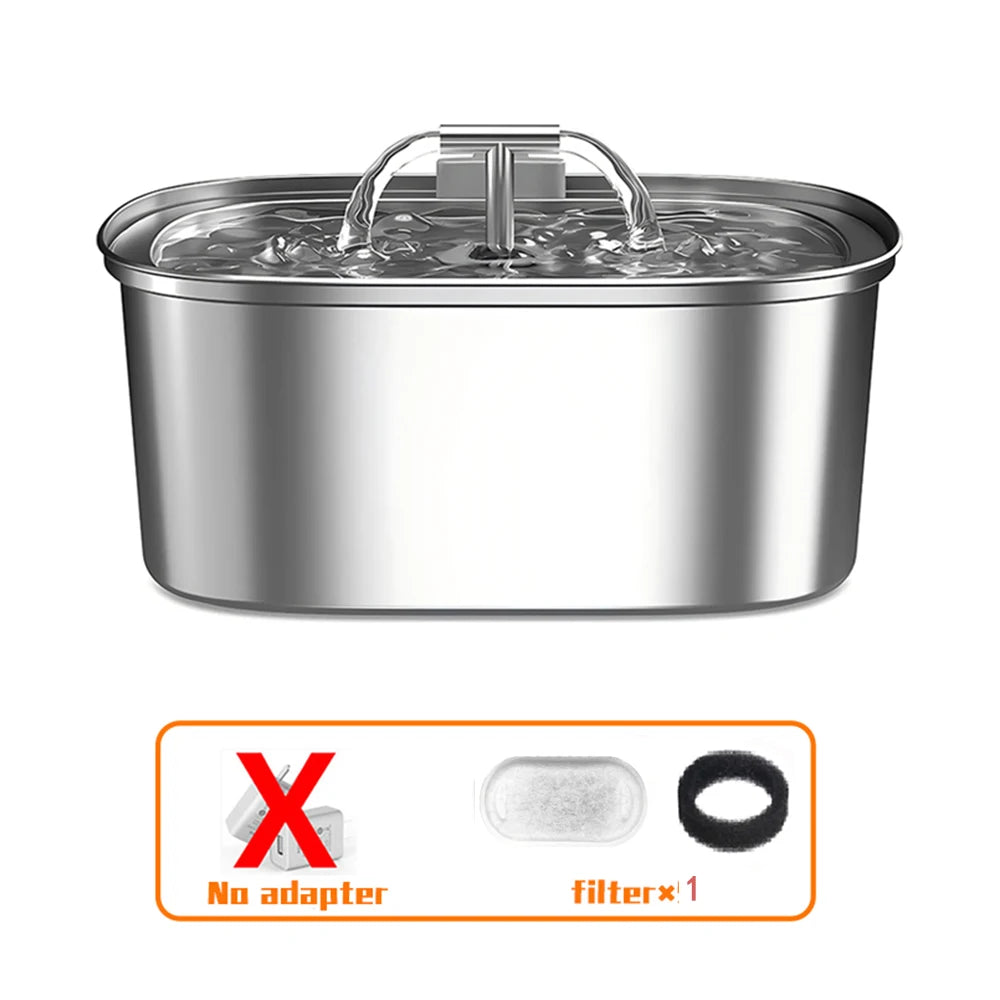 Showlu stainless steel cat water fountain with a quiet, flowing water dispenser for pets.