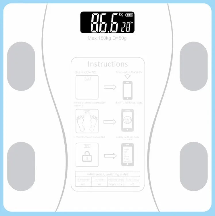 Showlu Smart digital body weight scale with glass surface, measuring up to 200kg, designed for bathroom use.