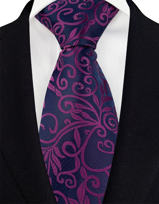 Purple men's necktie with floral plaid and stripe pattern, jacquard woven, suitable for business, wedding, and formal occasions.