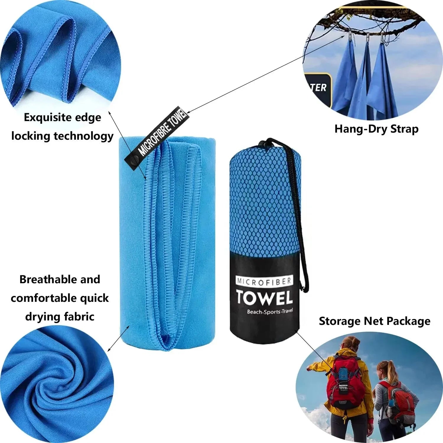 SHOWLU quick-dry microfiber sports towel for gym, yoga, and camping, shown folded with vibrant blue and gray colors.