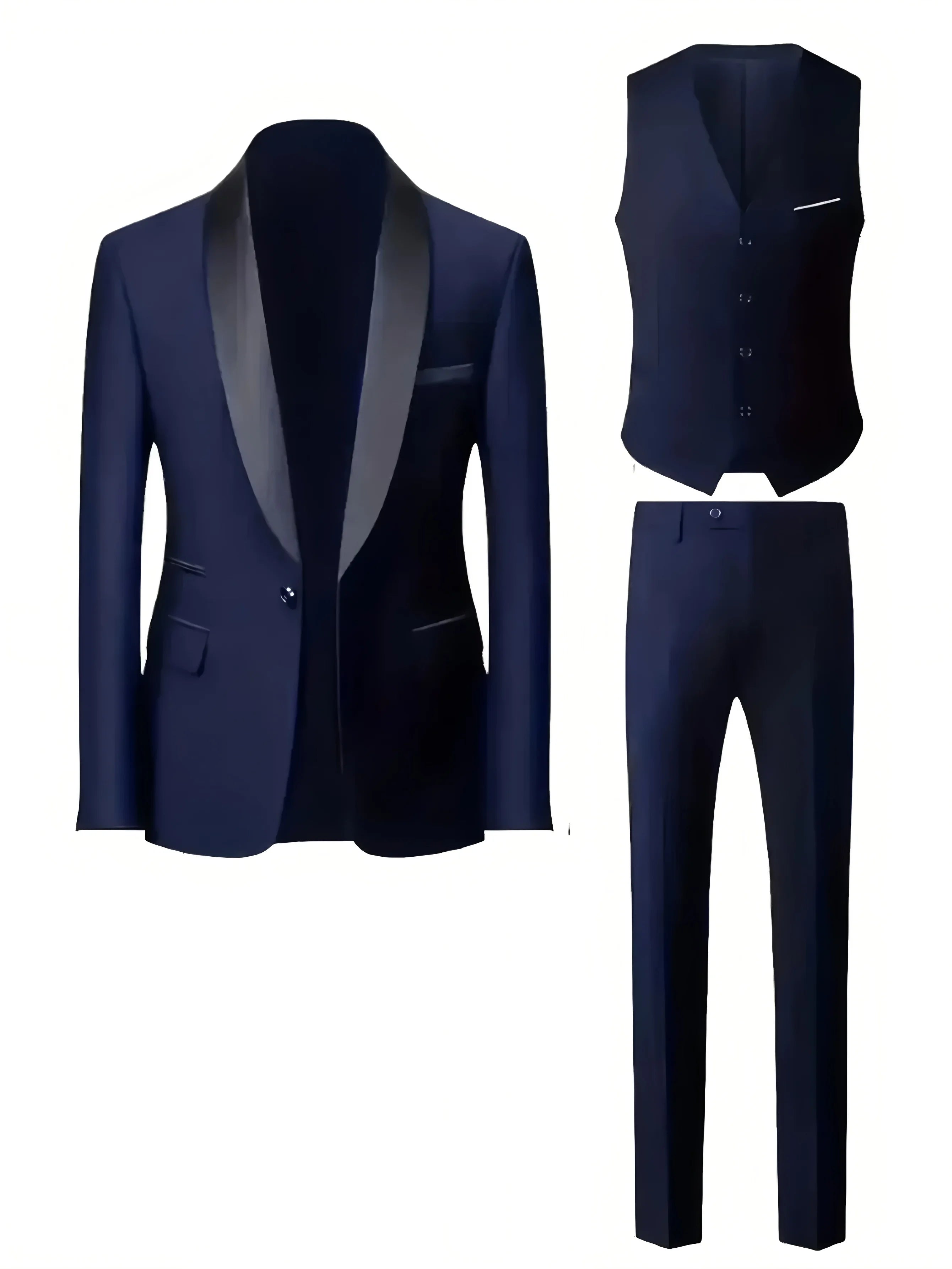 Men's formal suit jacket, vest, and trousers set in solid color, featuring blazer, waistcoat, and tuxedo style for business or wedding wear.