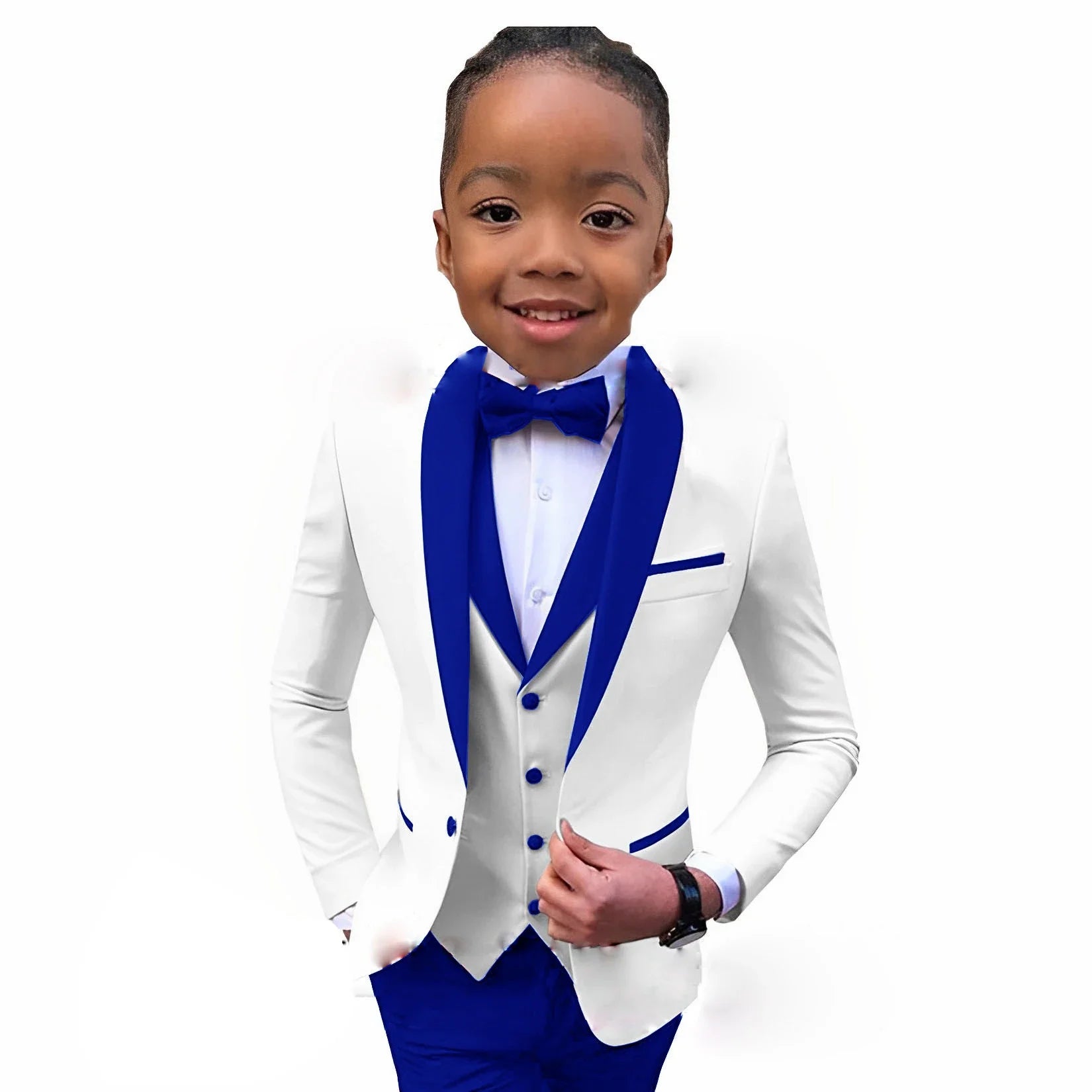 White boys' tuxedo suit with royal blue collar, 3-piece formal wedding and party attire for children aged 2-16 years.