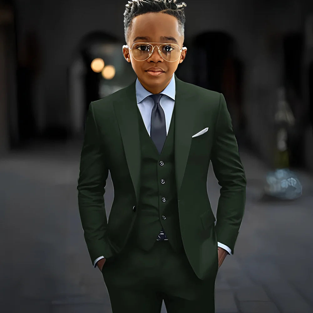 Dark grey high-quality boys' suit set with slim fit, single-breasted jacket, peak lapel, vest, and pants for formal occasions.
