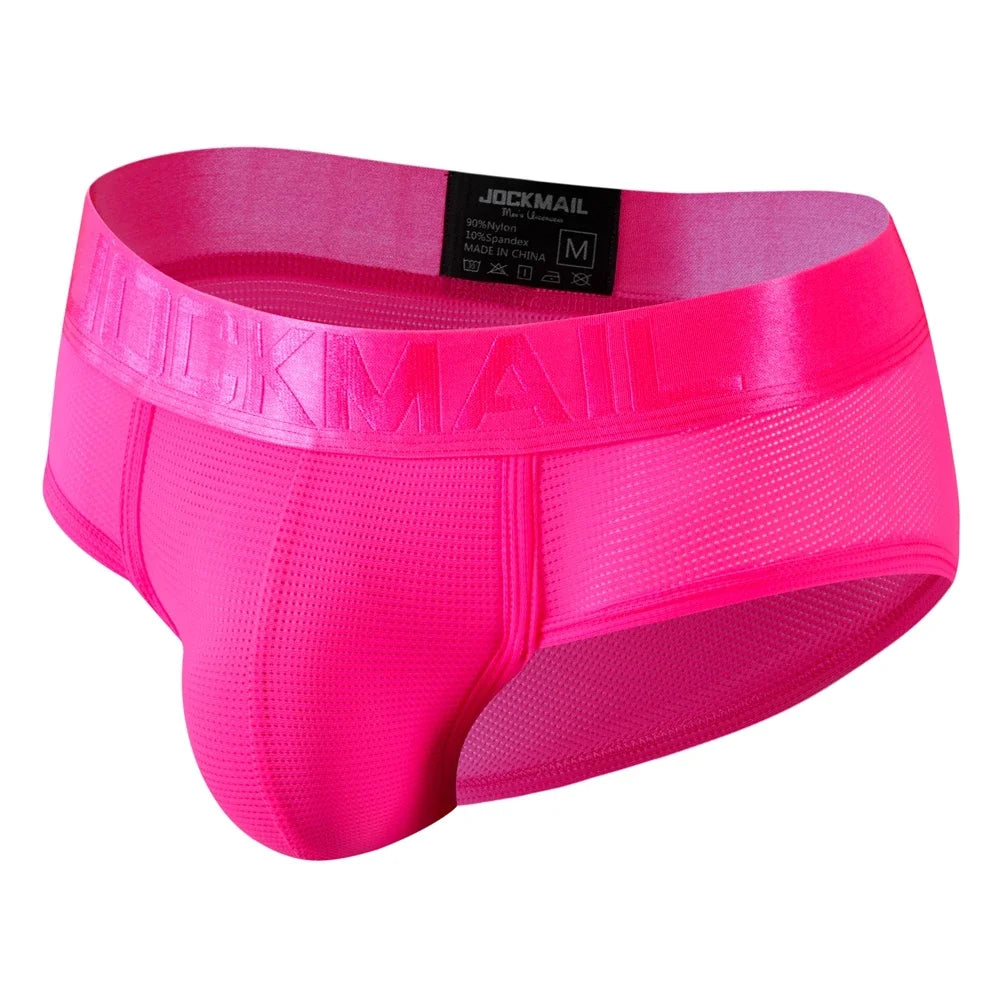 Men's nylon mesh briefs by JOCKMAIL in solid color, quick-dry underwear with breathable fabric, designed for comfort and moisture-wicking.