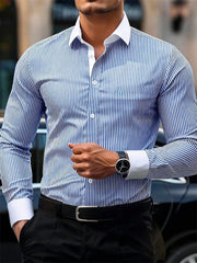 Men's business casual striped long-sleeved shirt, stylish design with lapel and contrasting color splicing, men's casual top.