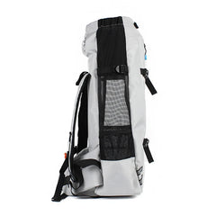 A side view of a gray waterproof pet travel backpack with black mesh side panels and straps.