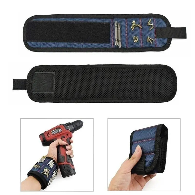 Showlu Smart magnetic tool wristband with adjustable strap, holding small screws and nails for DIY projects and construction work.