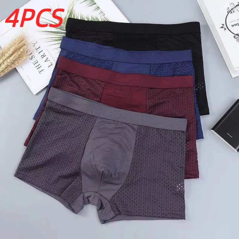 Showlu men's breathable mesh boxer shorts in a 4-pack with solid colors, comfortable men's underwear for everyday wear.