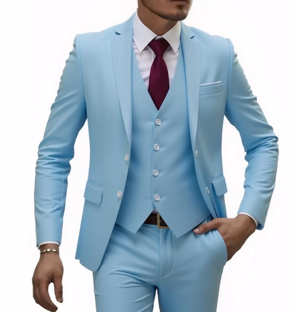 Men's casual 3-piece suit set with blazer, trousers, and vest in 13 solid colors, by Showlu Fashion.