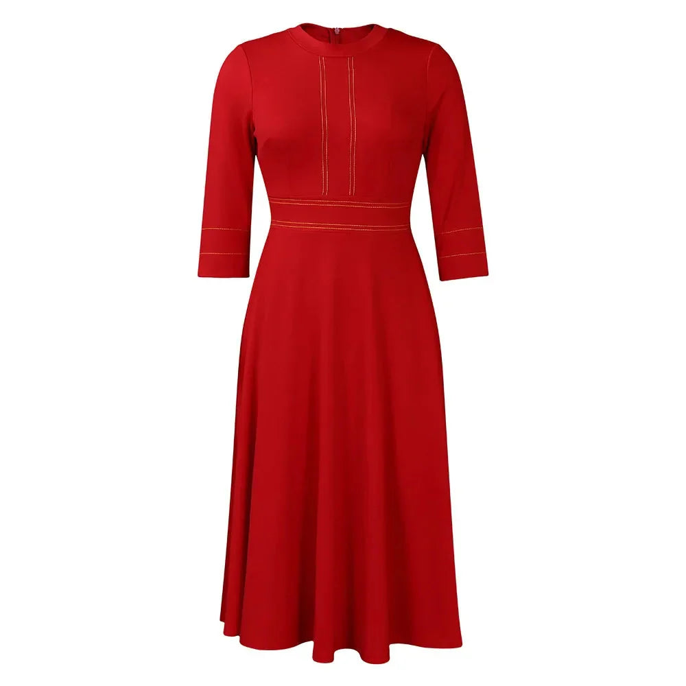 Naupang women's slim-fit A-line dress with solid color, three-quarter sleeves, perfect for casual or semi-formal occasions.