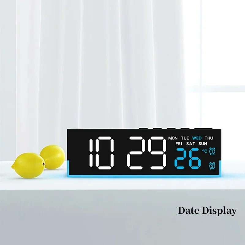 Showlu Smart LED digital alarm clock with mood light and temperature display showing time and colorful lighting effects.