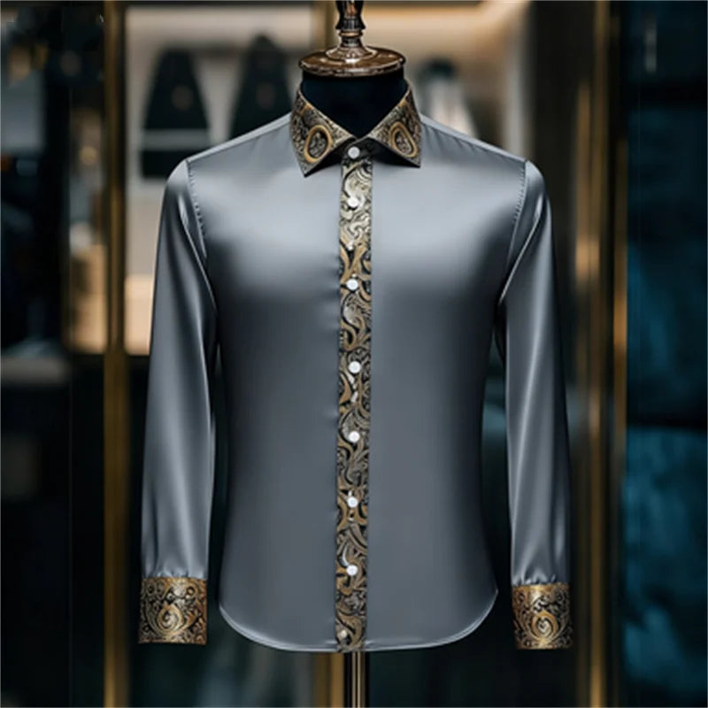 Men's silk long-sleeved shirt with paisley pattern, white and brown solid color, slim fit casual top with lapel collar by Showlu Fashion