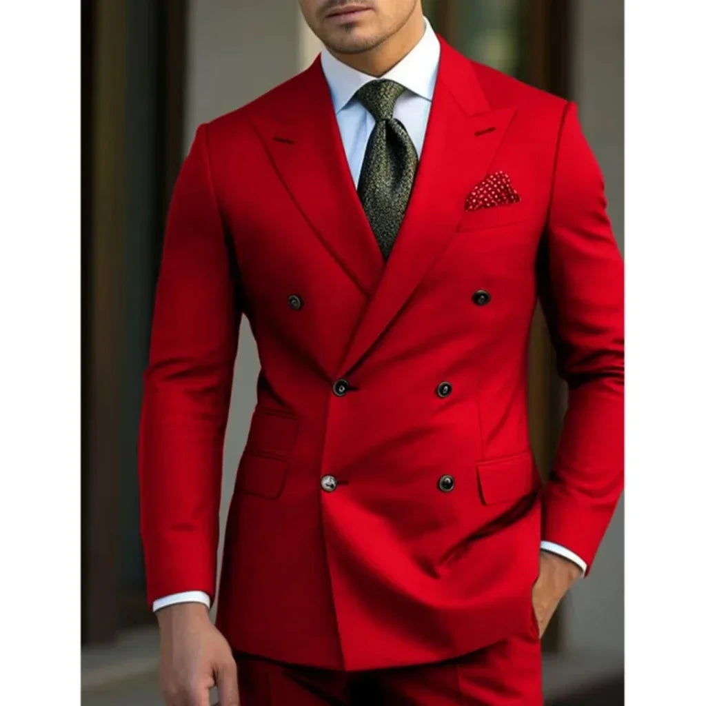 Men's 2-piece summer outfit set with slim jacket, pointed collar, and peak lapel, ideal for wedding or beach occasions.