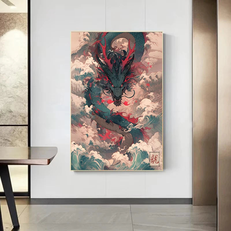 Japanese landscape art poster featuring samurai, geisha, bonsai, torii gate, sakura, and traditional scenery for home wall decor.