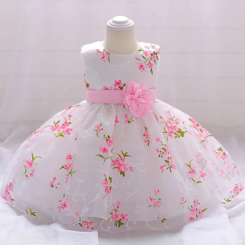 Baby girl birthday dress by Showlu Fashion Store, floral embroidery, sleeveless baptism costume for 1-year-old infant girl.