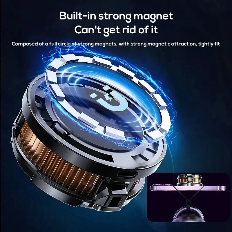 Showlu Smart General phone cooling fan attached to a smartphone, with blue LED lights, designed to prevent overheating during use.