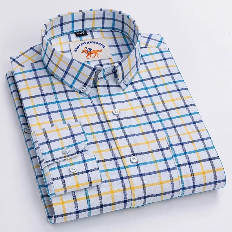 White men's long sleeve cotton Oxford shirt with embroidery horse design, regular fit, fashion button-up dress shirt by Showlu Fashion.