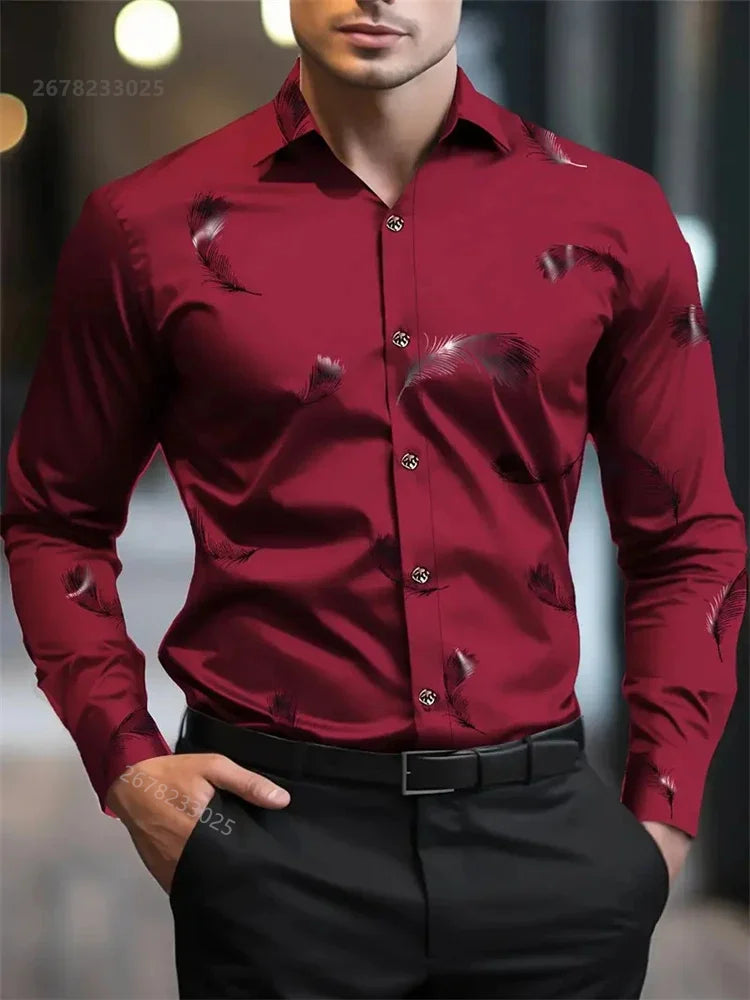 Long-sleeved men's casual shirt with geometric 3D print and lapel, featuring a modern design, suitable for business and office wear.