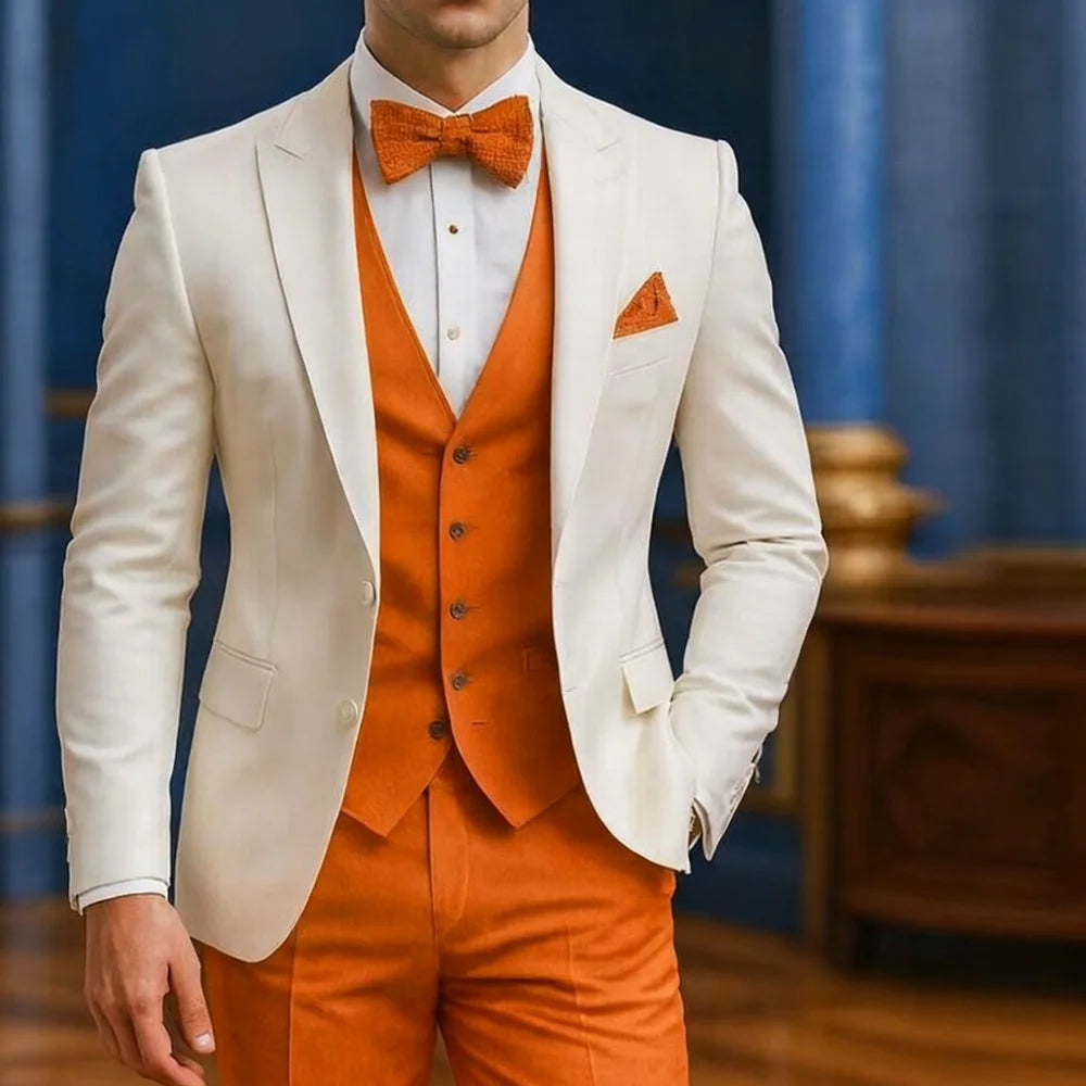Men's white and orange 3-piece formal tuxedo with traditional style for wedding, graduation, or dance events, by Showlu Fashion.