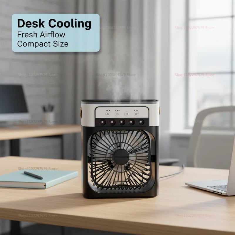 Showlu Smart General portable USB air cooler fan with water mist, 3-speed settings, LED lights, desktop humidifier and cooling fan.