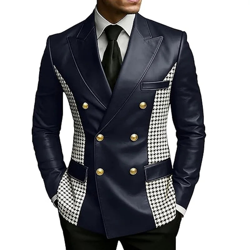 Men’s brown leather blazer with houndstooth side panels, gold buttons, vintage two-tone design, slim fit, double-breasted tuxedo jacket.