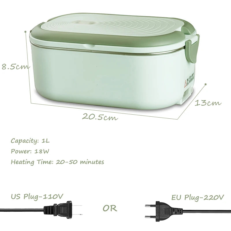 Portable electric lunch box with stainless steel compartments, EU/US plug, 1L capacity, includes tableware set for office use