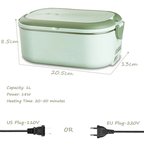 Portable electric lunch box with stainless steel compartments, EU/US plug, 1L capacity, includes tableware set for office use