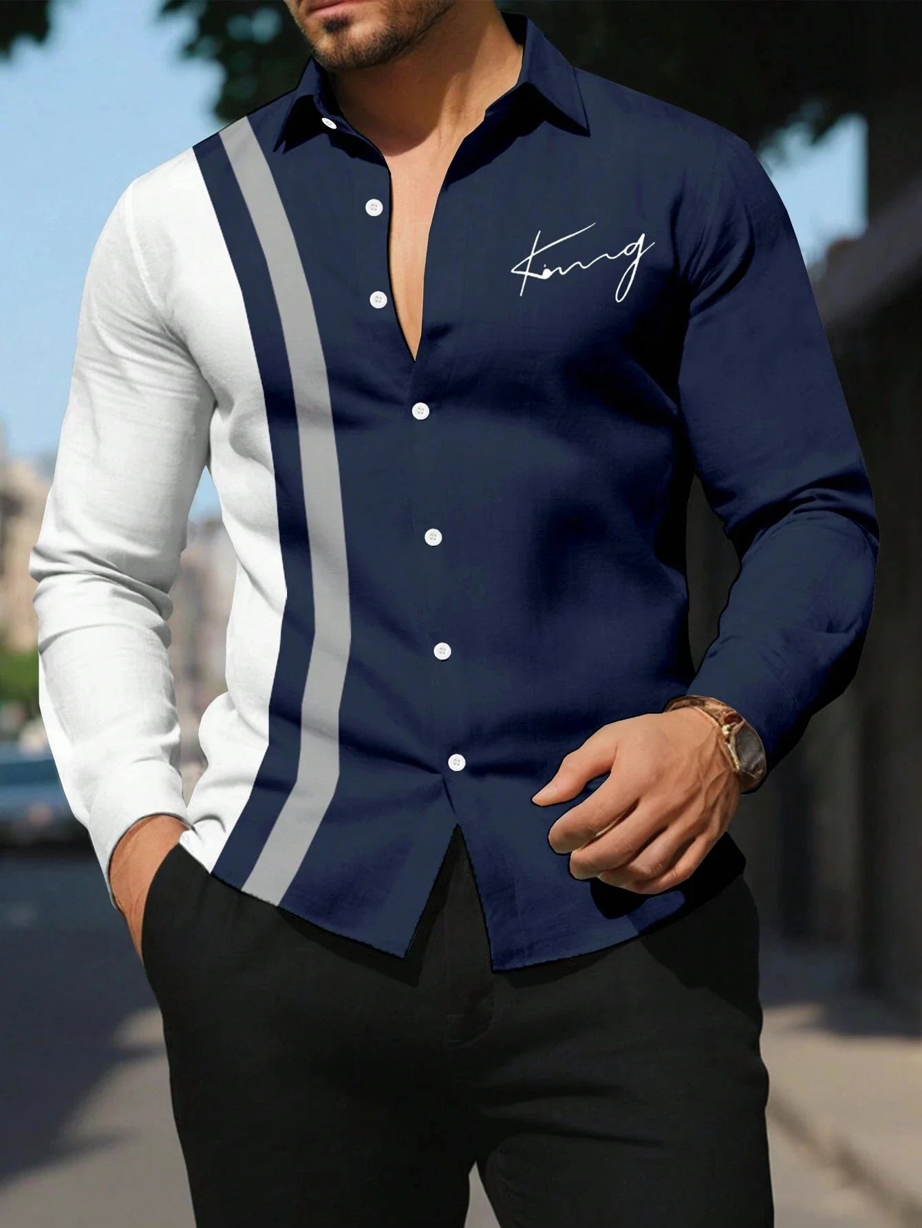 Men’s patchwork striped printed shirt with long sleeves and lapel, stylish business casual design by Showlu Fashion Store