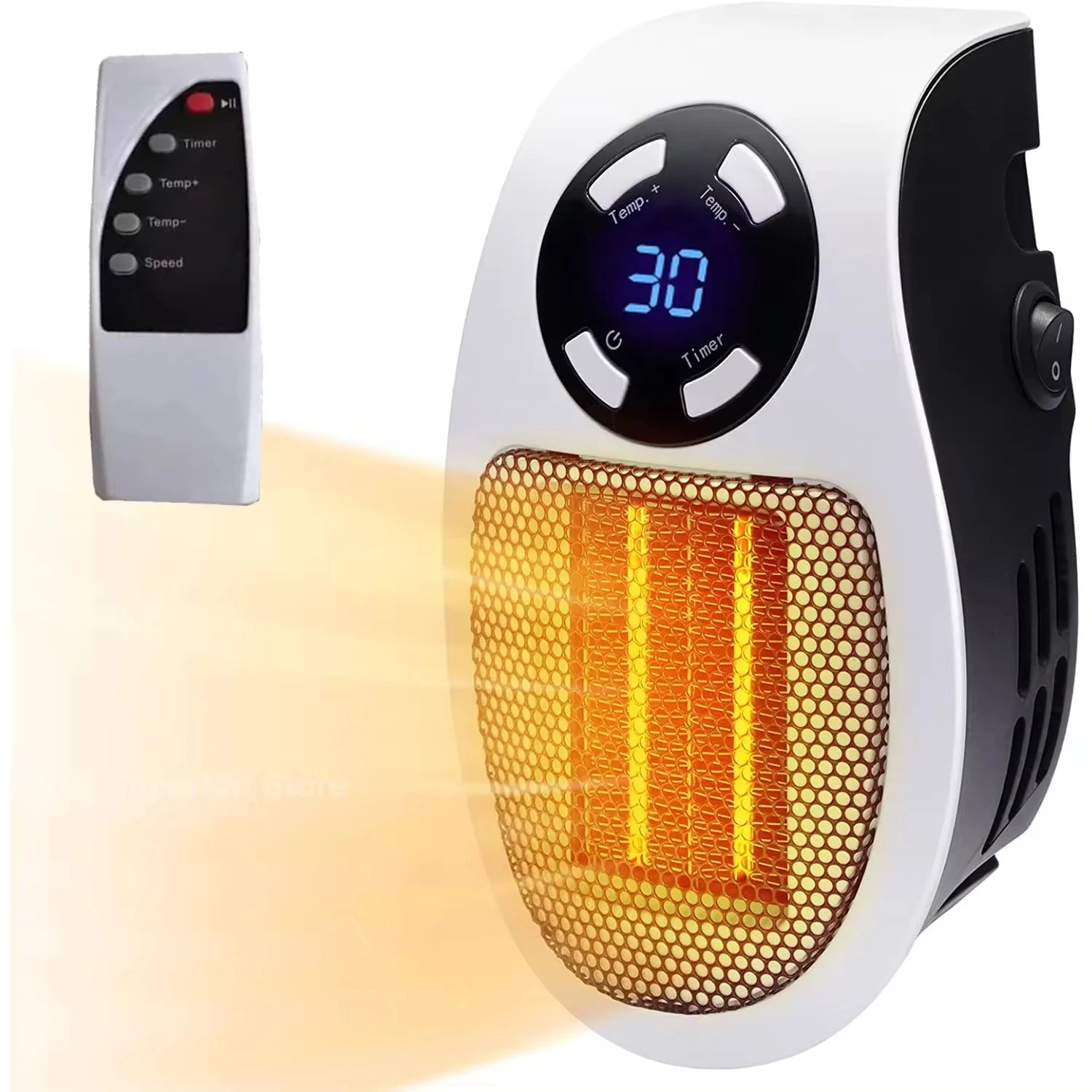 Showlu Smart General 500W mini ceramic space heater plugged in, compact design ideal for small rooms or personal heating.