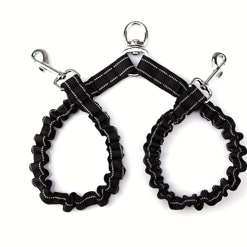Reflective Showlu Double Dog Leash made of shock-absorbing nylon, designed for walking two dogs comfortably and safely.