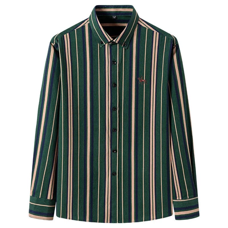 Men's slim fit casual shirt by Qi Xiu Cai, 100% cotton, long-sleeve, in size 6XL, shown in black with button-down front.