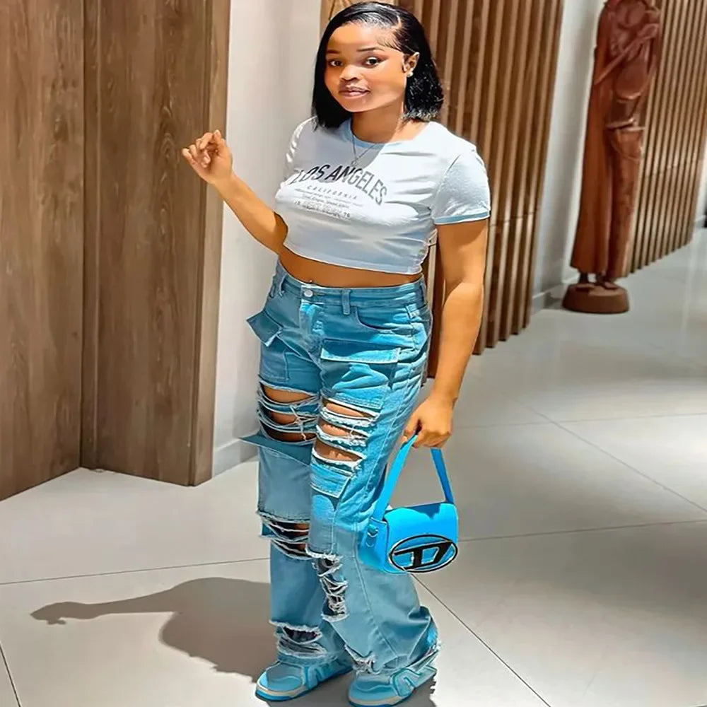 Women's Y2K high-waisted ripped jeans with multi-pocket design, straight leg fit, broken holes, street fashion style by Showlu Fashion