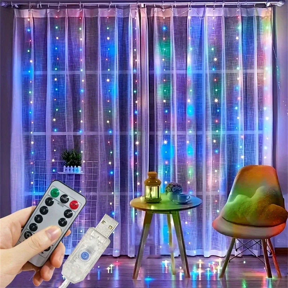 Showlu Smart General LED curtain fairy lights hanging with warm white glow, ideal for home decor and festive lighting.