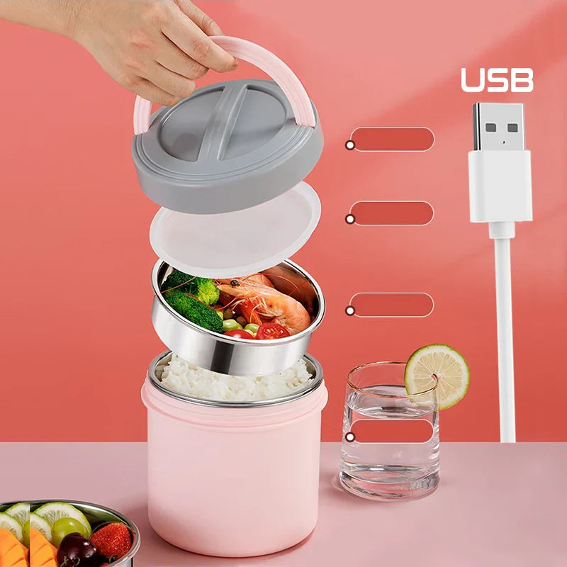 Showlu USB Electric Lunch Box with 1.2L stainless steel food warmer, portable lunch container for heating meals on the go