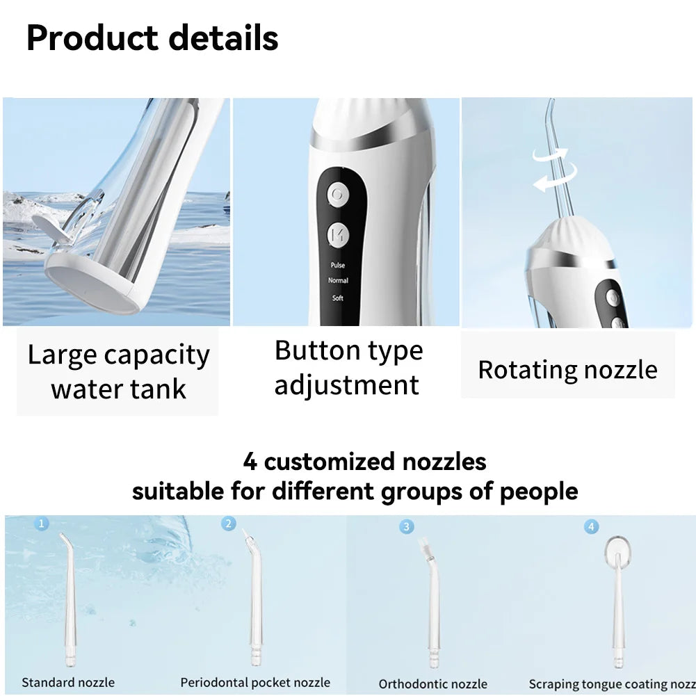 Portable Showlu Smart oral irrigator with 200ML water capacity, rechargeable USB, IP65 waterproof design, and ergonomic handle.