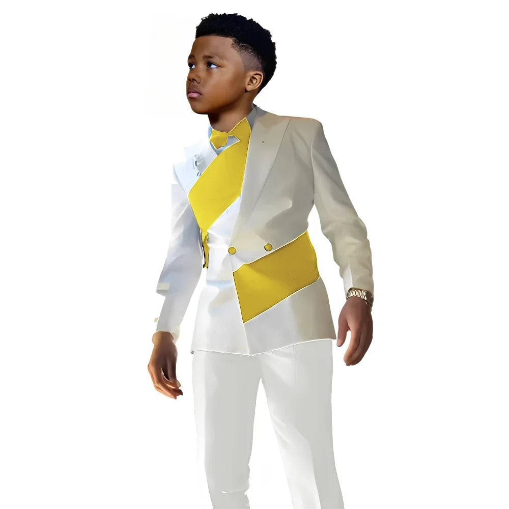White satin boys' suit set with double-breasted jacket and pants, slim fit tuxedo for boys aged 2 to 16, shown in the image.