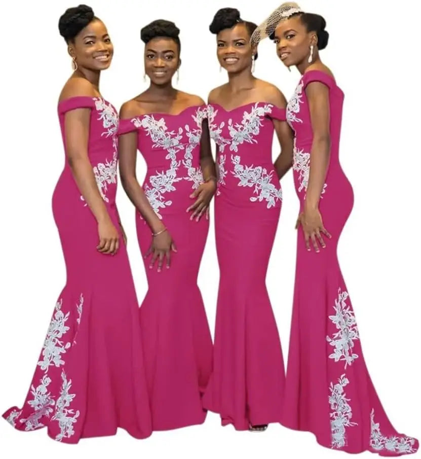 Burgundy off-the-shoulder mermaid lace satin bridesmaid dress by JC&STAR, featuring a fitted silhouette and elegant design.
